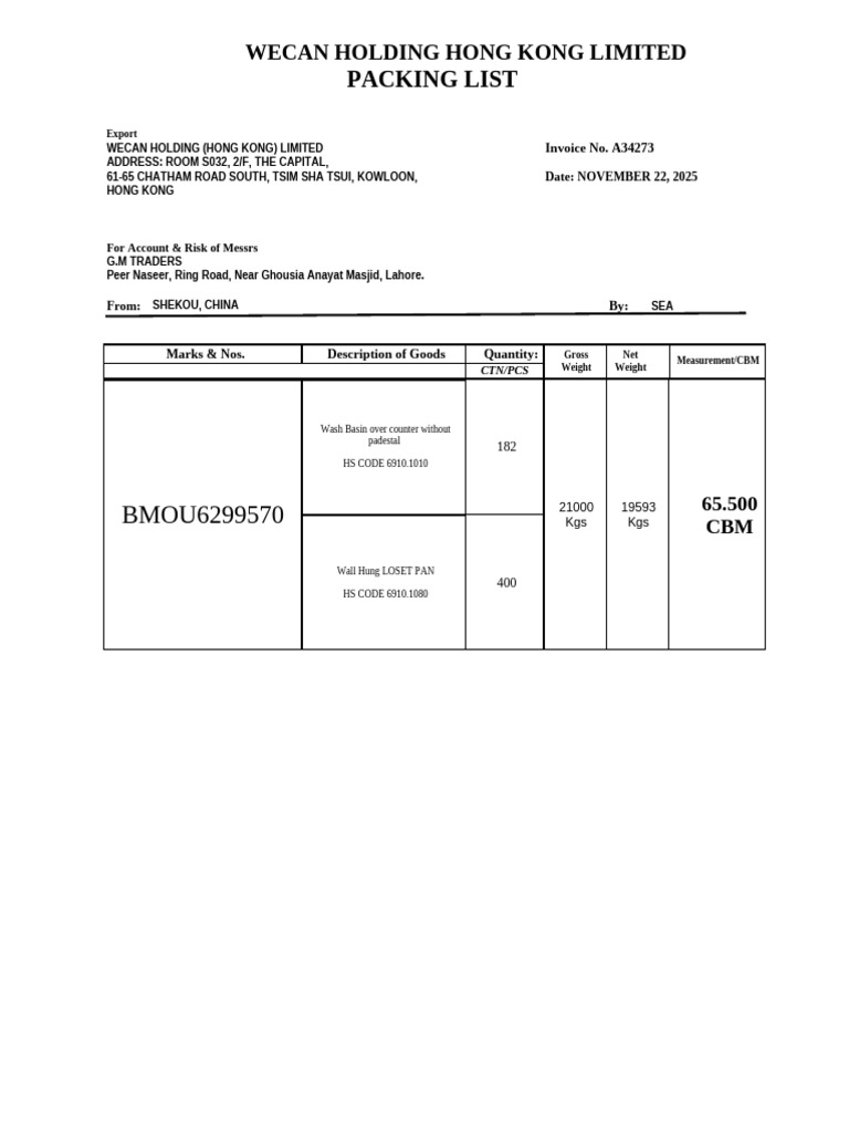 WECAN Export Packing List Details | PDF
