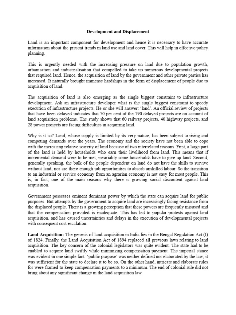 Land Acquisition and Development Displacement | PDF | Unemployment ...