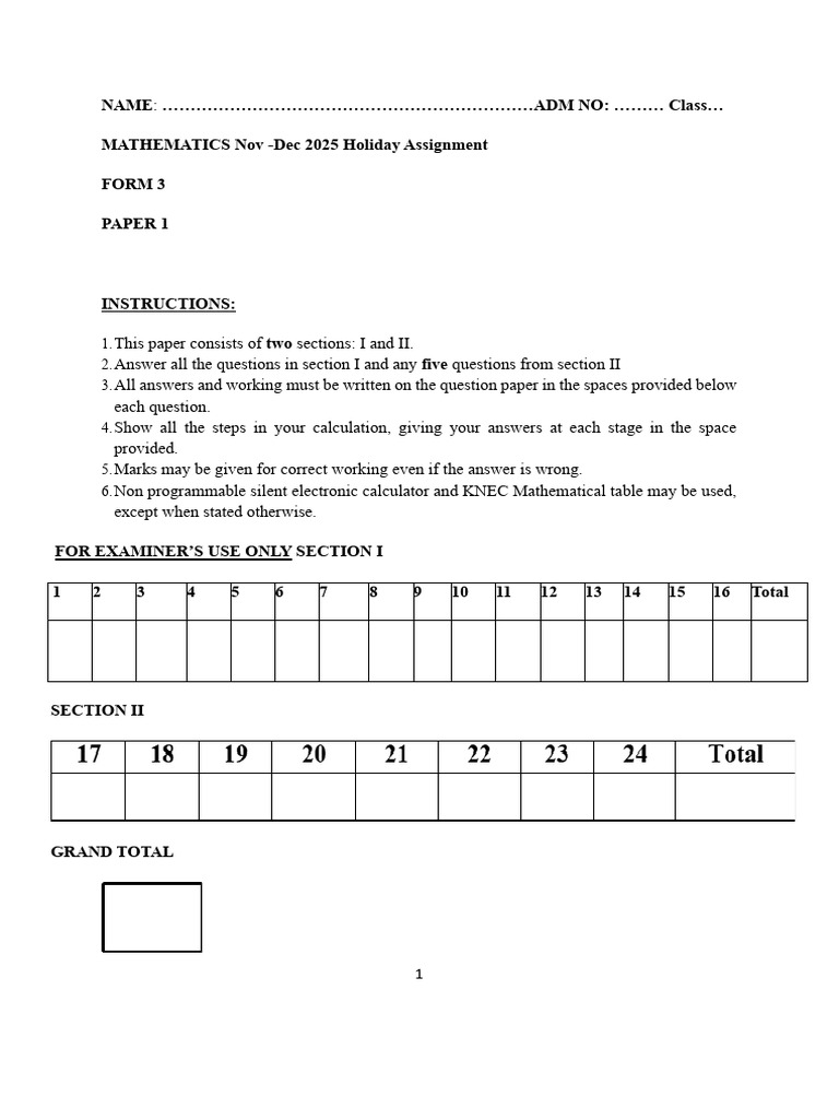 Mathematics - Form Three (3) Nov-Dec Holiday Assignment 2025 | PDF ...