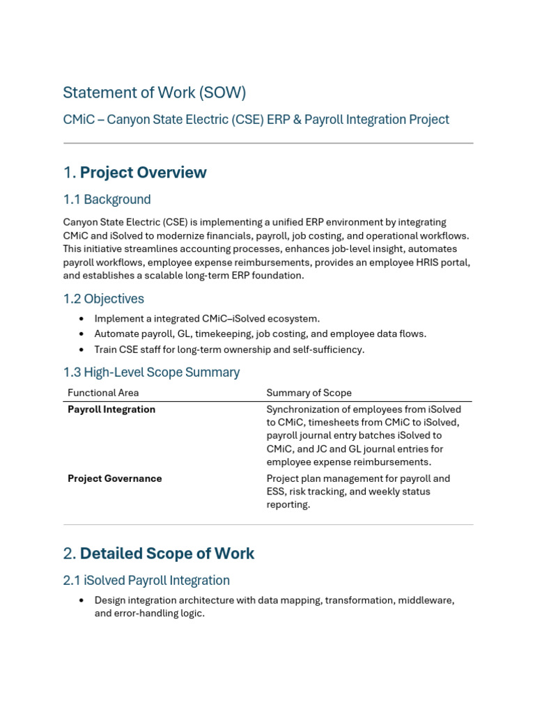 Canyon State Electric ISolved Integration Sow FINAL | PDF | Payroll ...