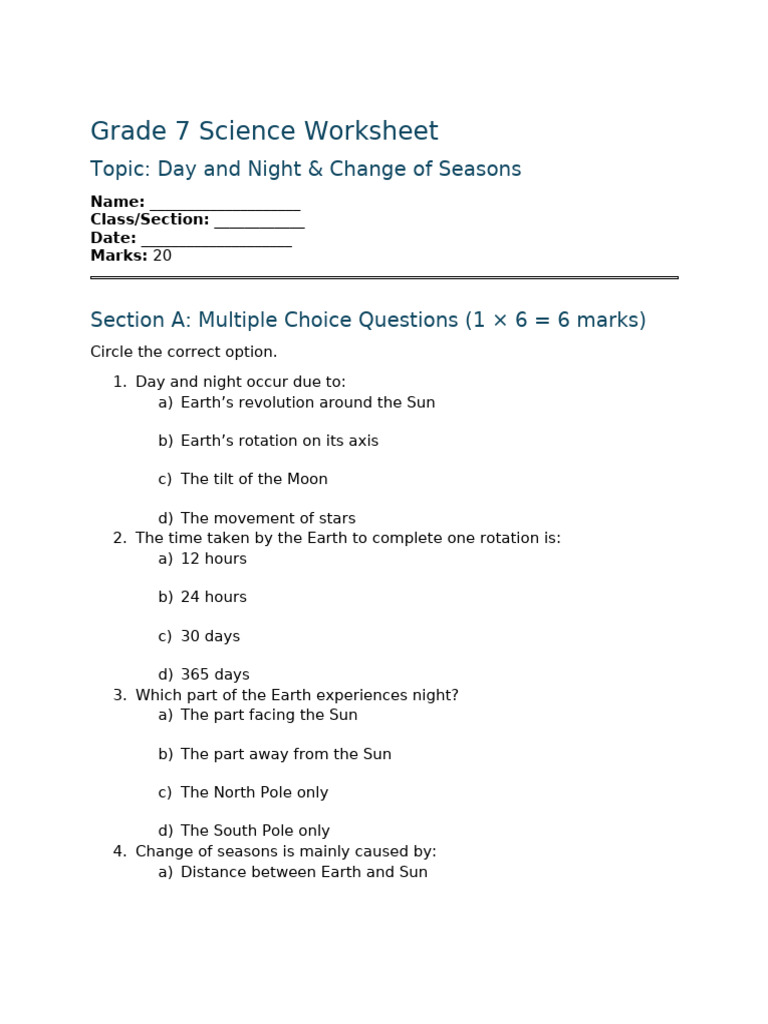 Grade 7 Science: Day, Night & Seasons Worksheet | PDF