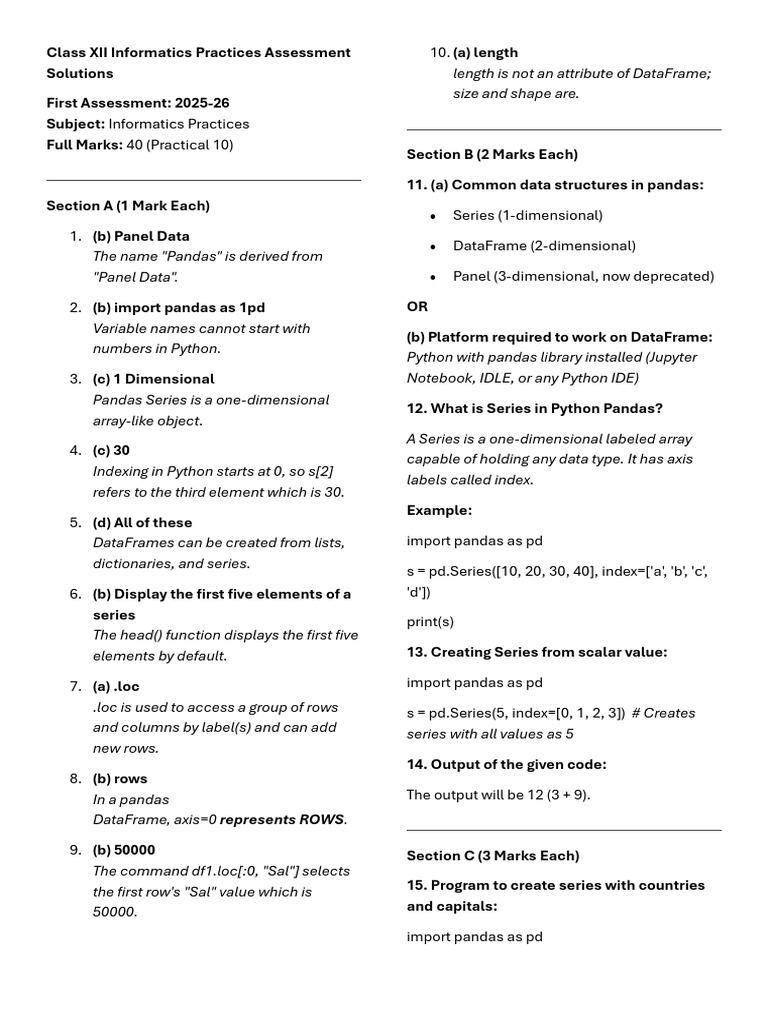Class XII Informatics Practices Solutions | PDF | Python (Programming ...