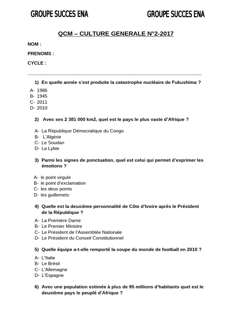 QCM Culture Générale 2017 | PDF