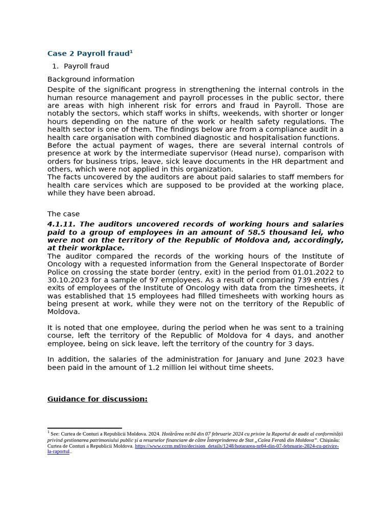Payroll Fraud Case Study in Healthcare | PDF | Internal Control | Audit