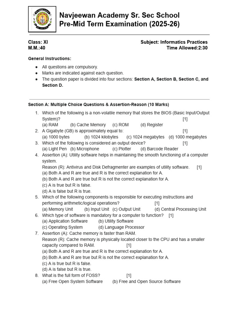 Class XI Informatics Practices Exam 2025-26 | PDF | Central Processing ...