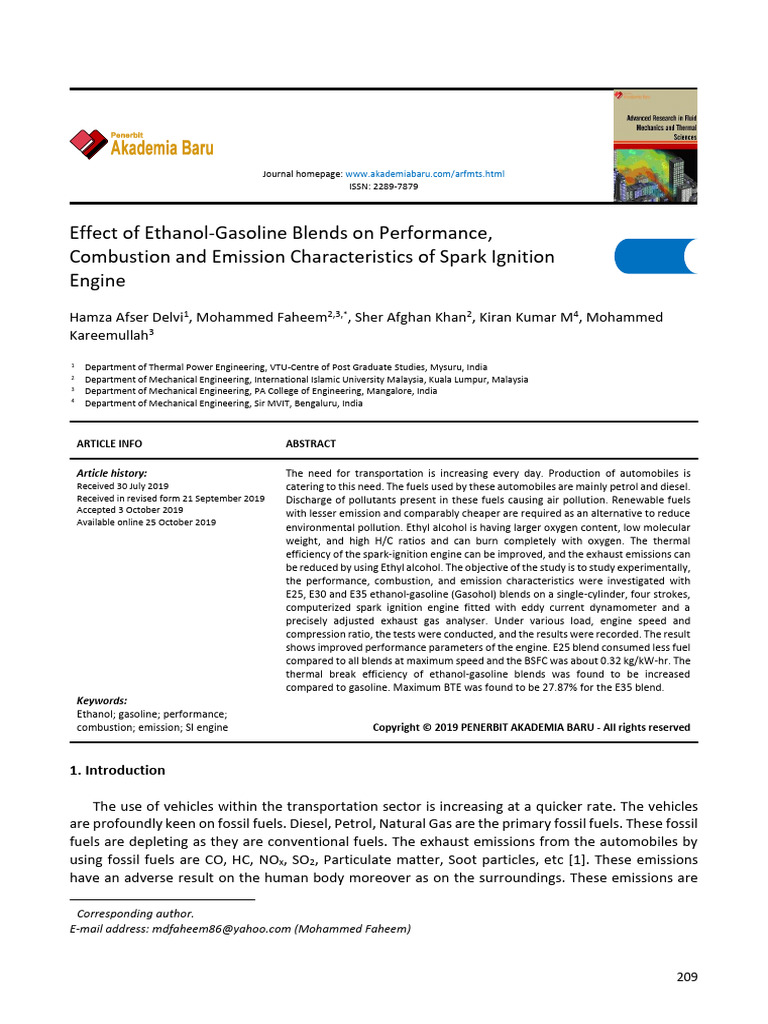 Effect of Ethanol - Gasoline Biends On Performance Combustion and ...