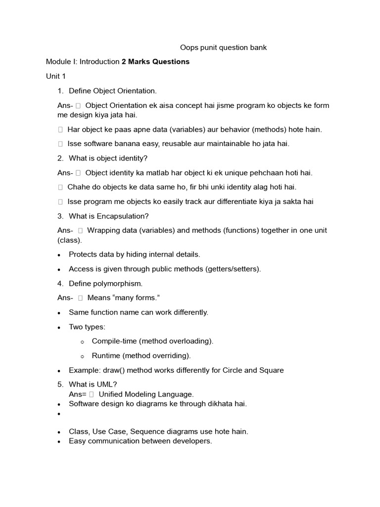 Object-Oriented Programming Question Bank | PDF | Class (Computer ...