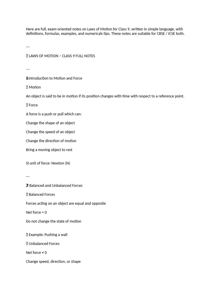 Class 9 Laws of Motion Study Notes | PDF | Force | Momentum