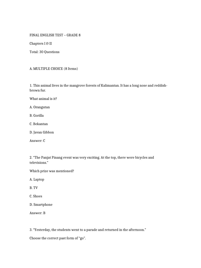 Grade 8 Final English Test Overview | PDF