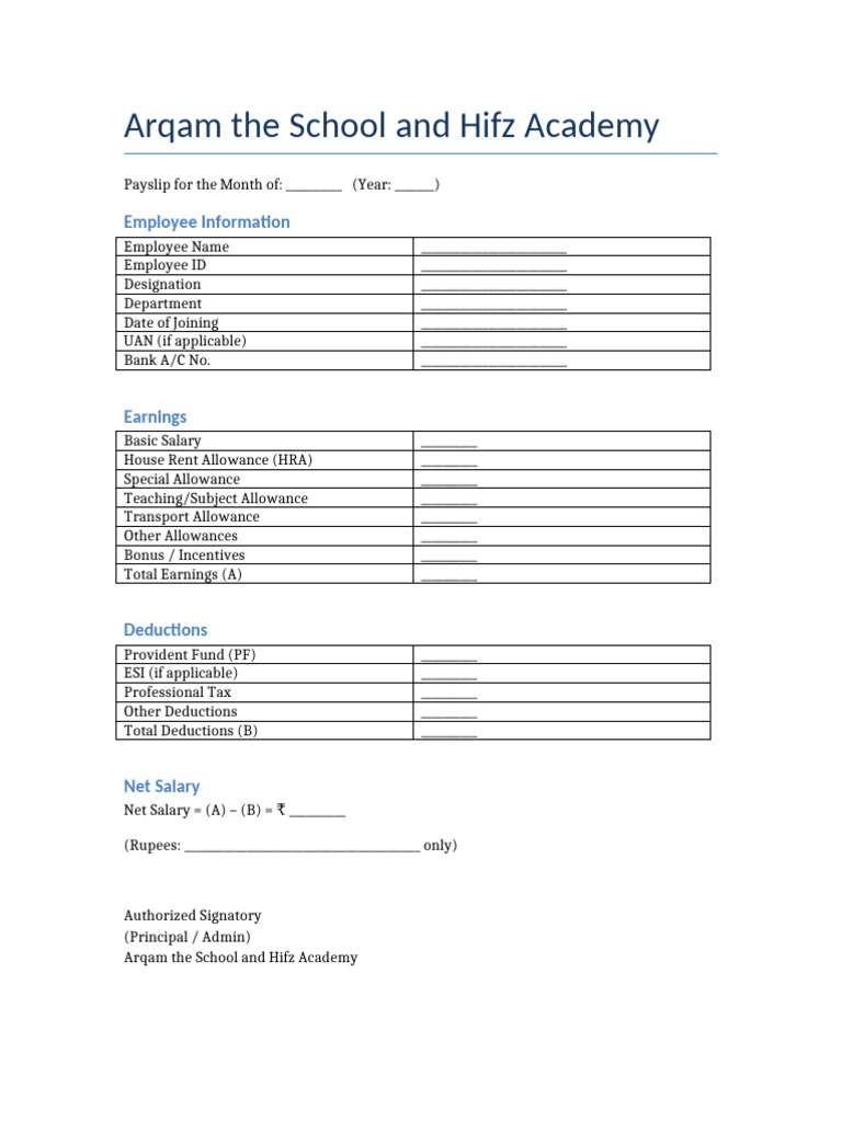 Arqam School Employee Payslip Template | PDF