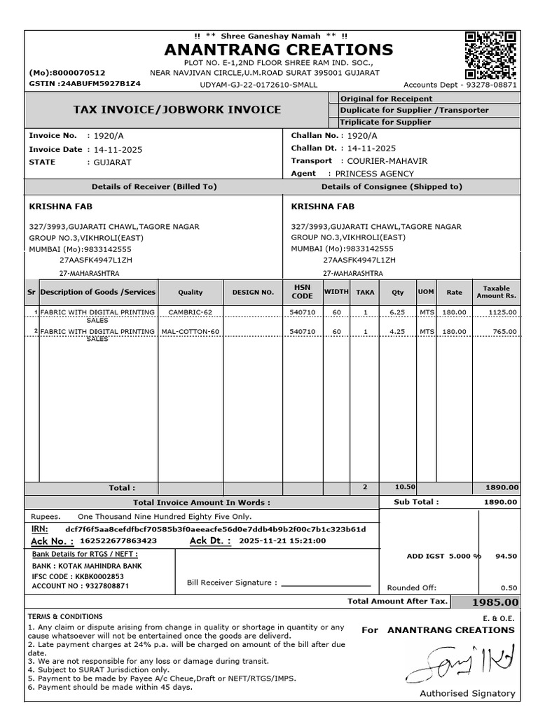 Tax Invoice for Fabric Sales | PDF | Payments