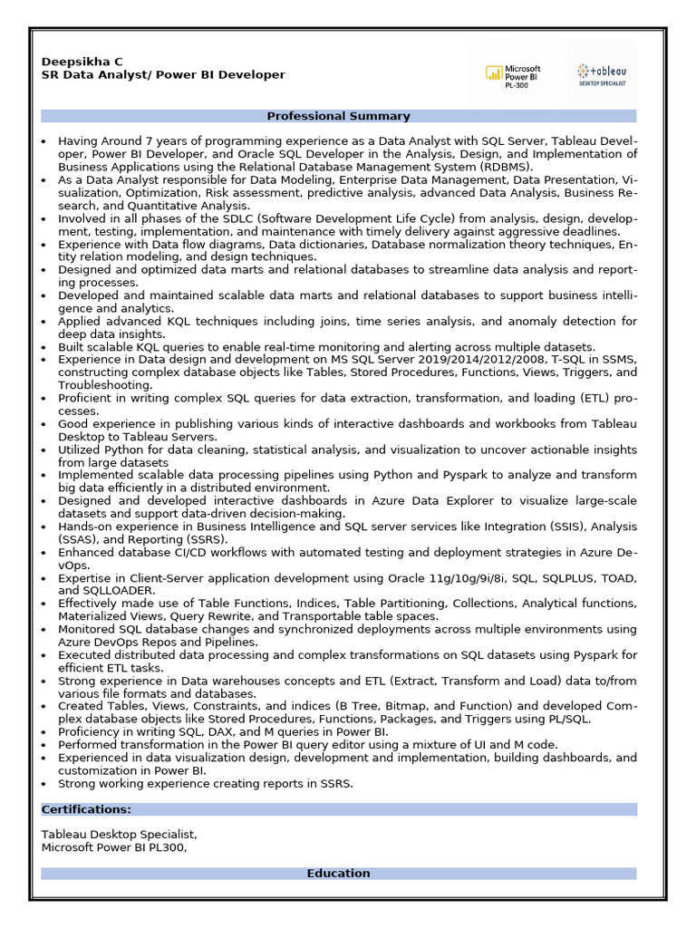 Data Analyst & Power BI Developer Resume | PDF | Databases | Sql