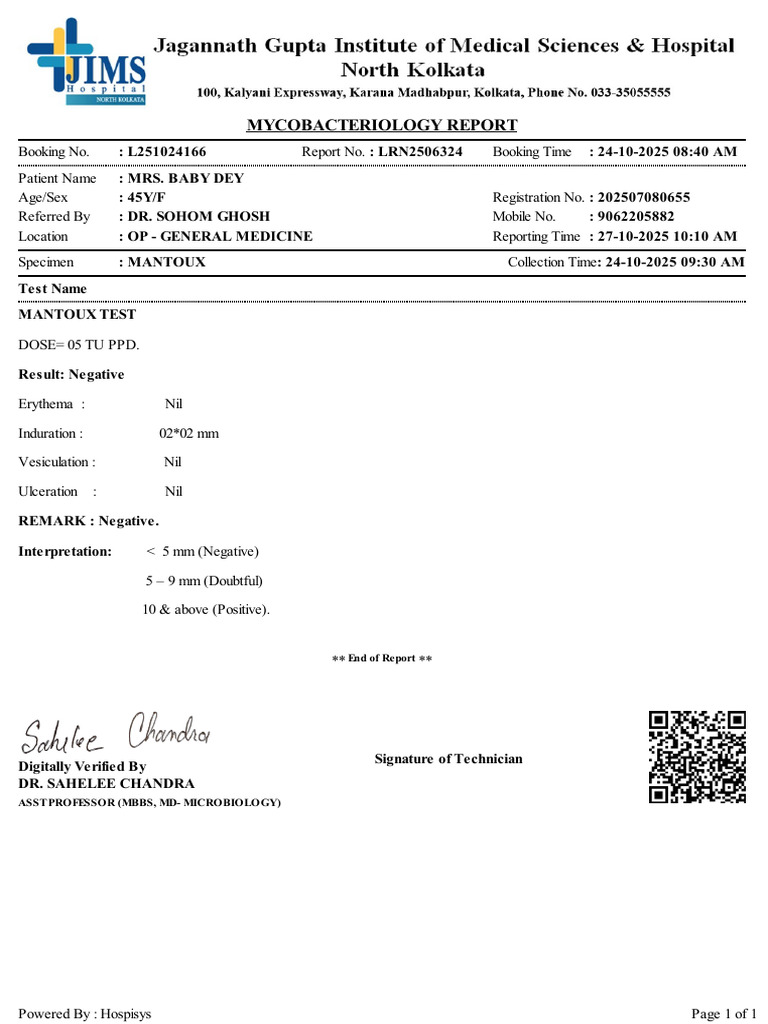 Mantoux Test Results for Mrs. Baby Dey | PDF