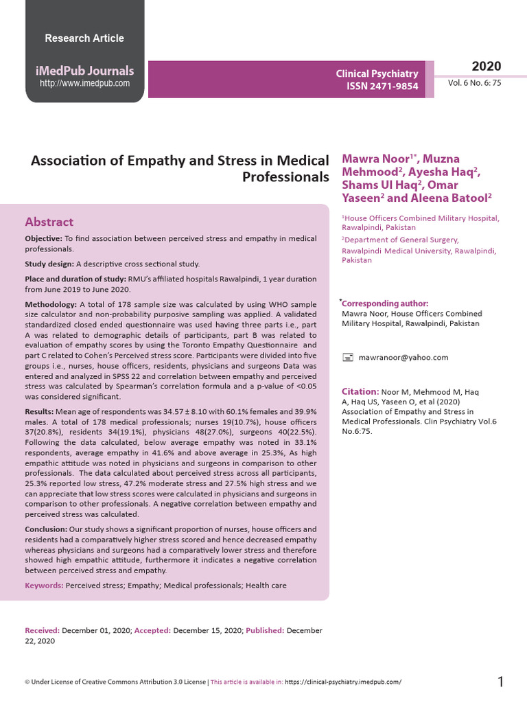 Empathy and Stress in Medical Professionals | PDF | Medicine | Health Care