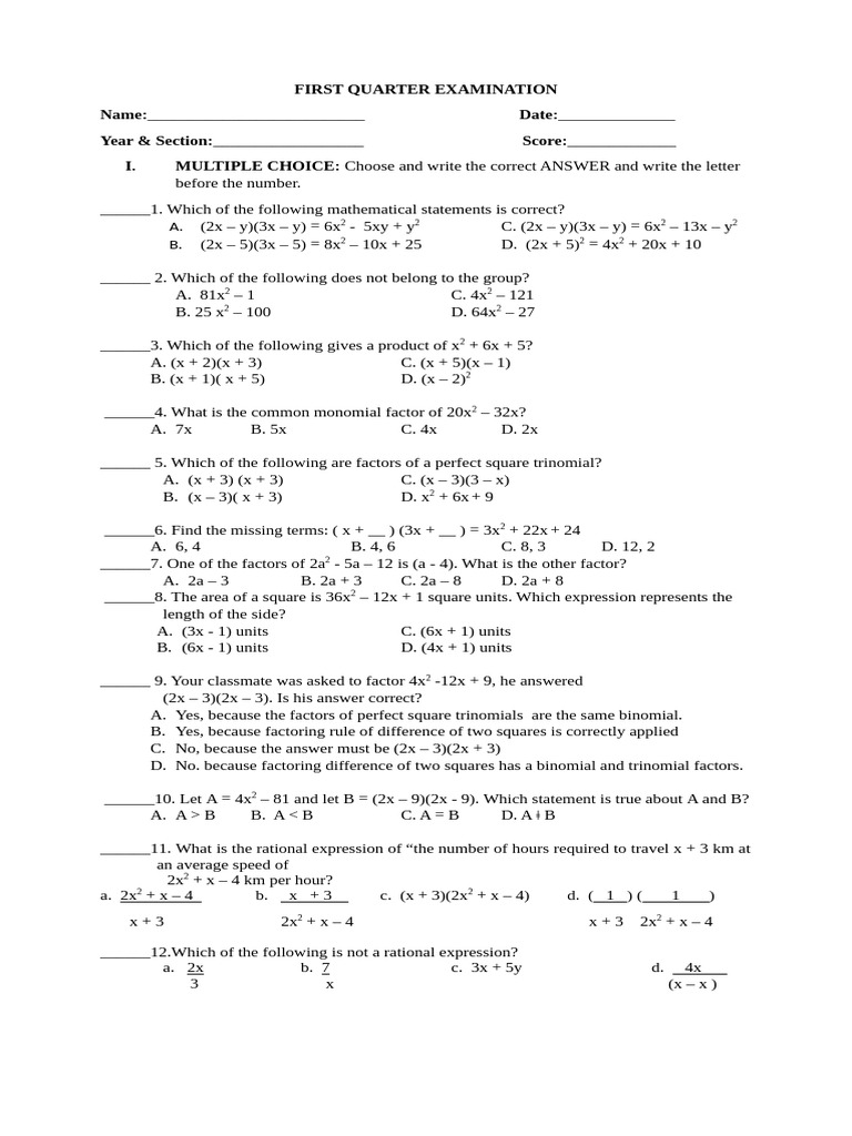 First Quarter Math Examination Guide | PDF