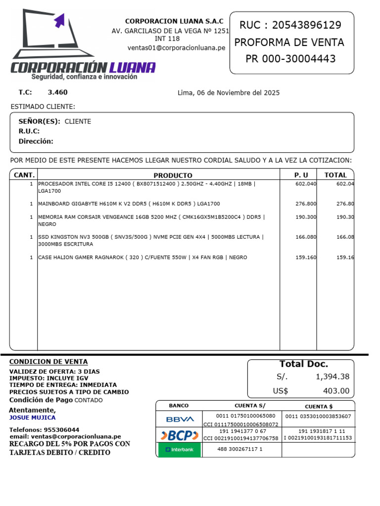 Proforma de Venta de Componentes PC | PDF | Informática | Hardware de ...