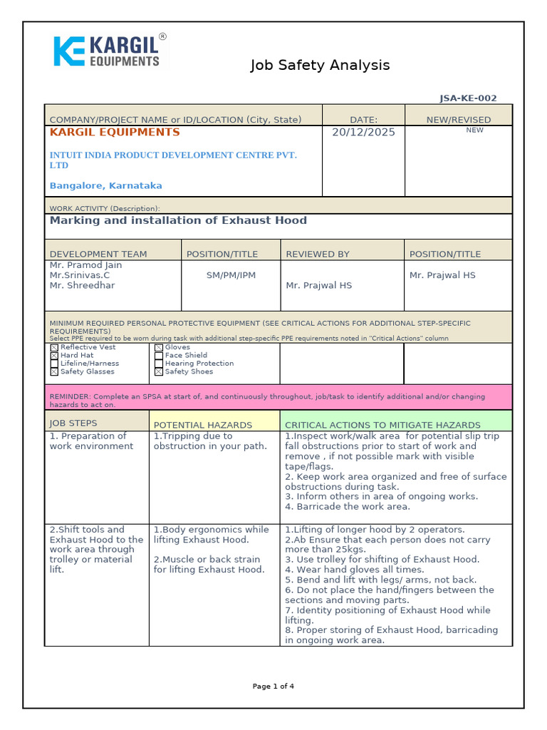 Job Safety Analysis for Exhaust Hood Installation | PDF | Personal ...