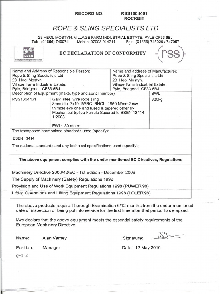 EC Declaration of Conformity for Sling | PDF | Equipment | Safety