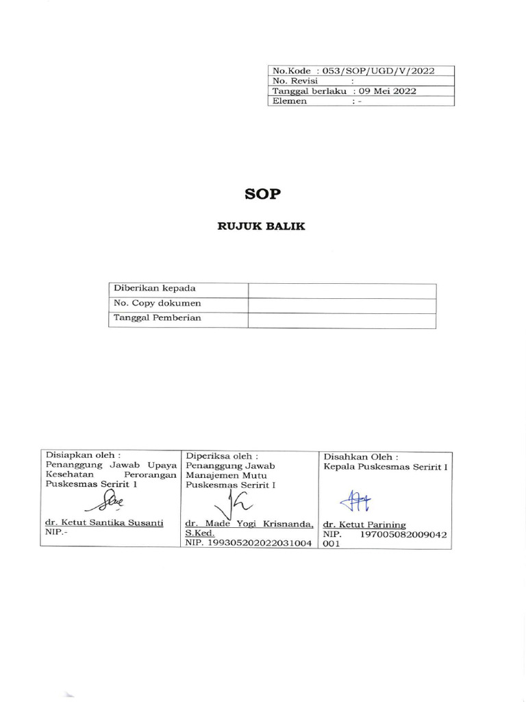 SOP Rujuk Balik Puskesmas Seririt I | PDF