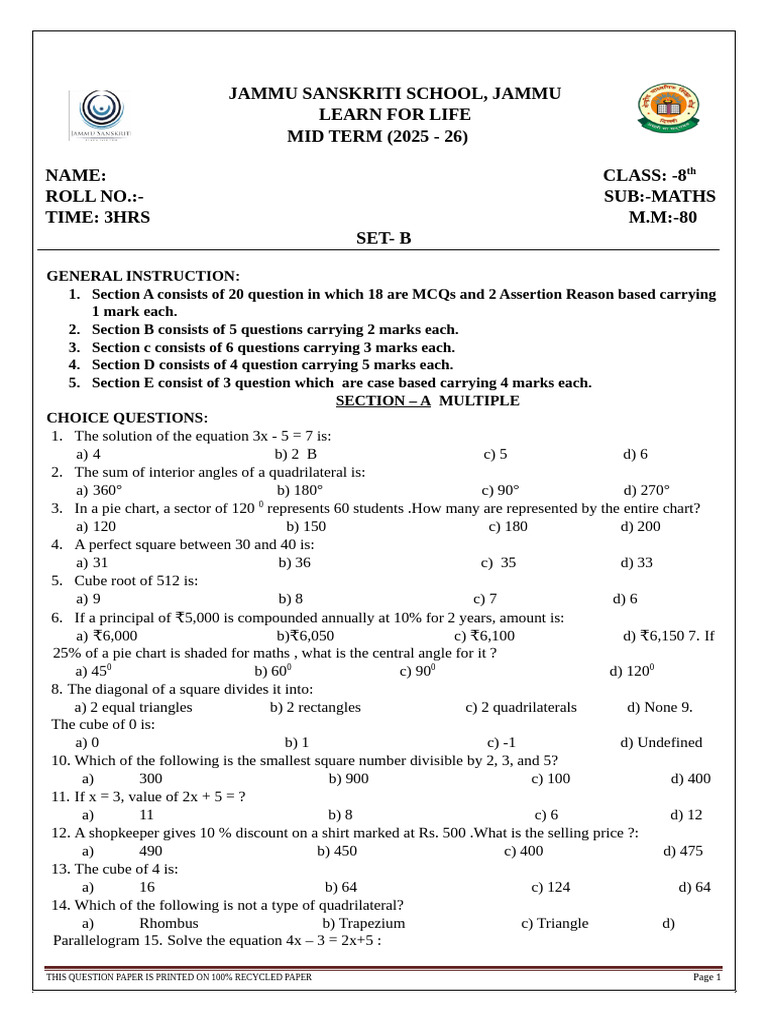 Class 8 Maths Mid Term Exam Paper | PDF | Elementary Geometry ...