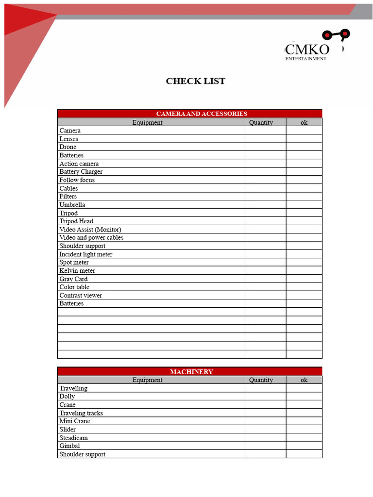 Comprehensive Film Equipment Checklist | PDF
