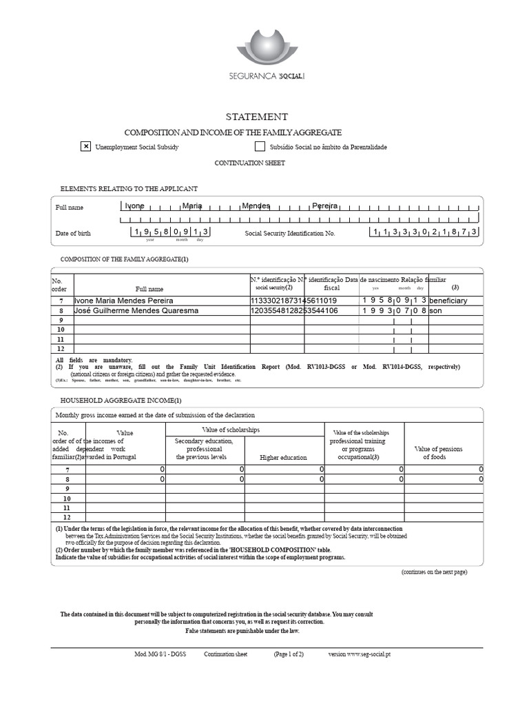 Family Income and Composition Statement | PDF | Social Security (United ...