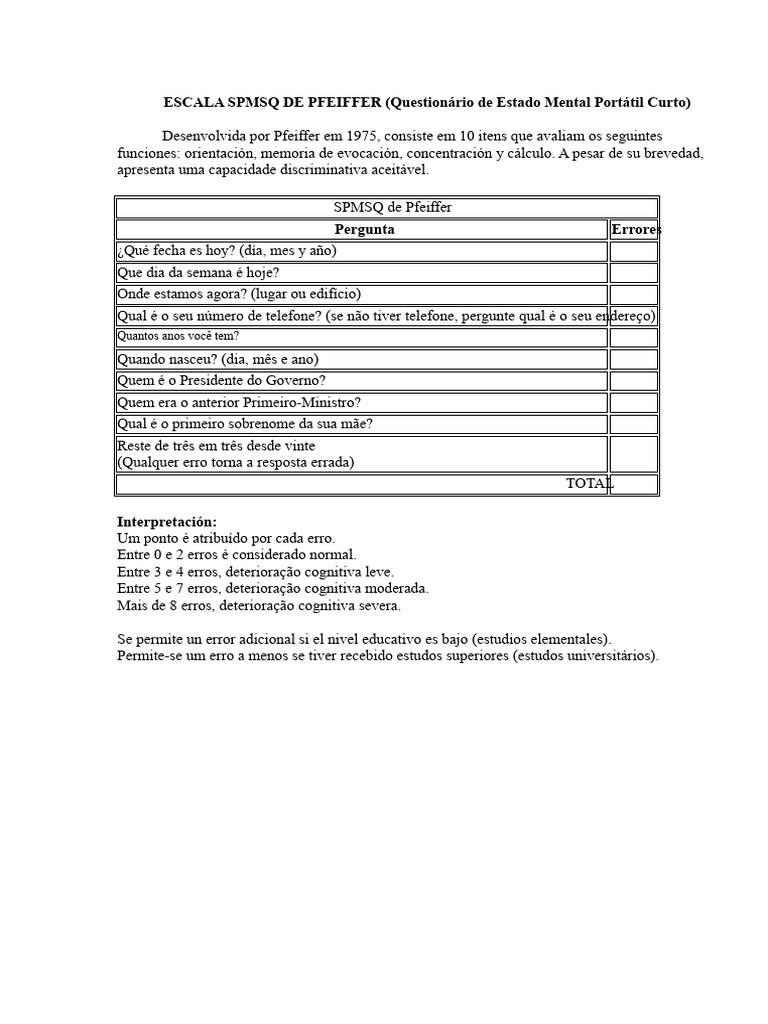 Escala SPMSQ de Pfeiffer: Avaliação Cognitiva | PDF