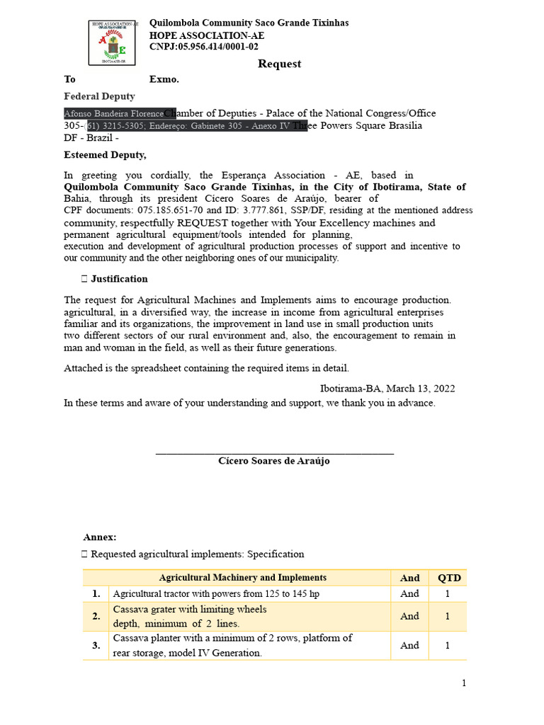 Request For Tractor and Agricultural Implements Federal Deputy Afonso | PDF  | Tractor | Cereals