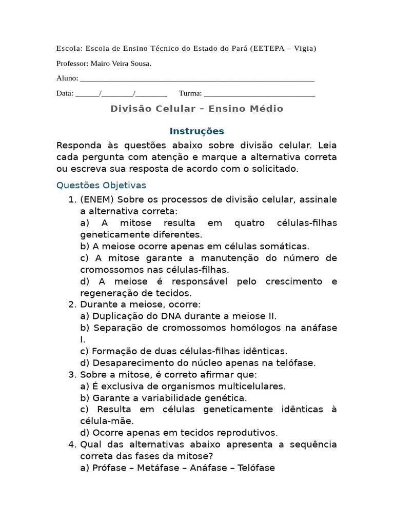 Questões sobre Divisão Celular e Meiose | PDF | Meiose | Mitose