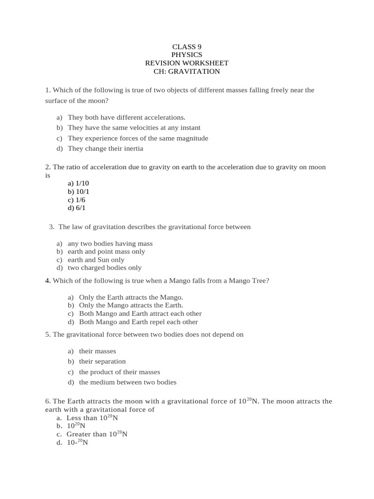 Class 9 Physics: Gravitation Worksheet | PDF | Force | Newton's Laws Of ...
