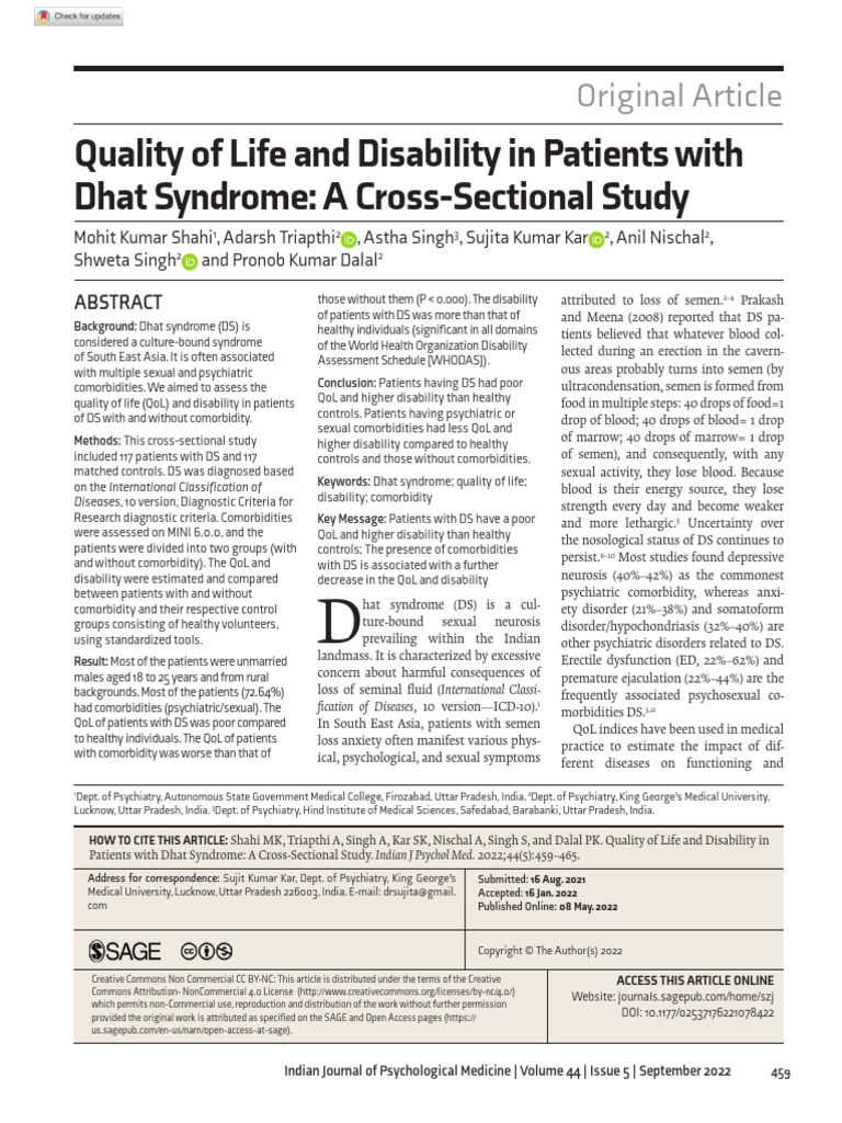 Shahi Et Al 2022 Quality of Life and Disability in Patients With Dhat ...
