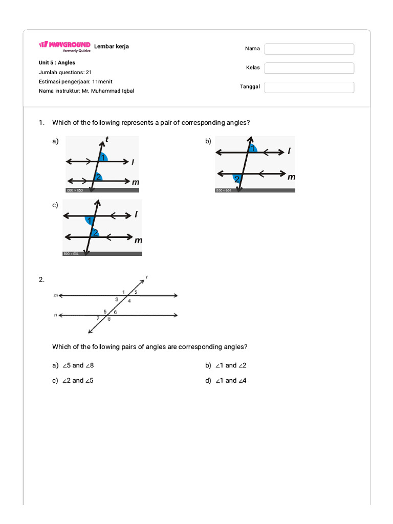 Angles Worksheet for Unit 5 | PDF | Geometry | Elementary Geometry