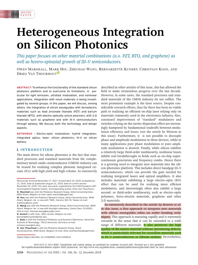 Heterogeneous Integration in Silicon Photonics | PDF | Graphene | Photonics