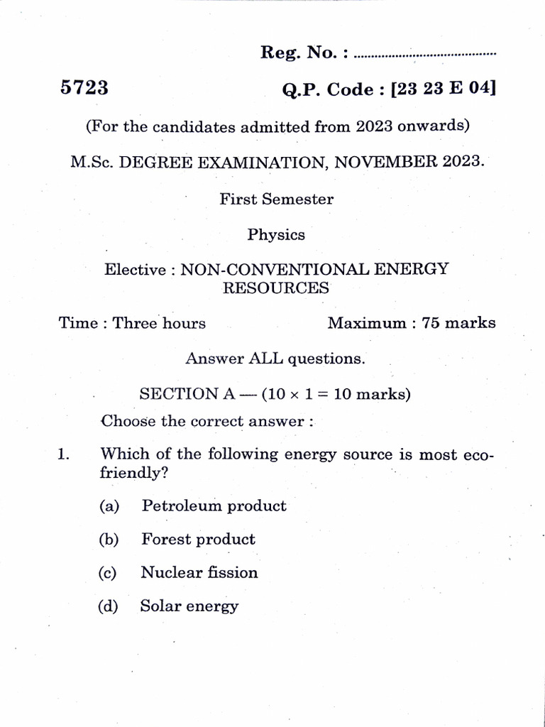 M.Sc. Exam: Non-Conventional Energy Resources | PDF | Energy ...