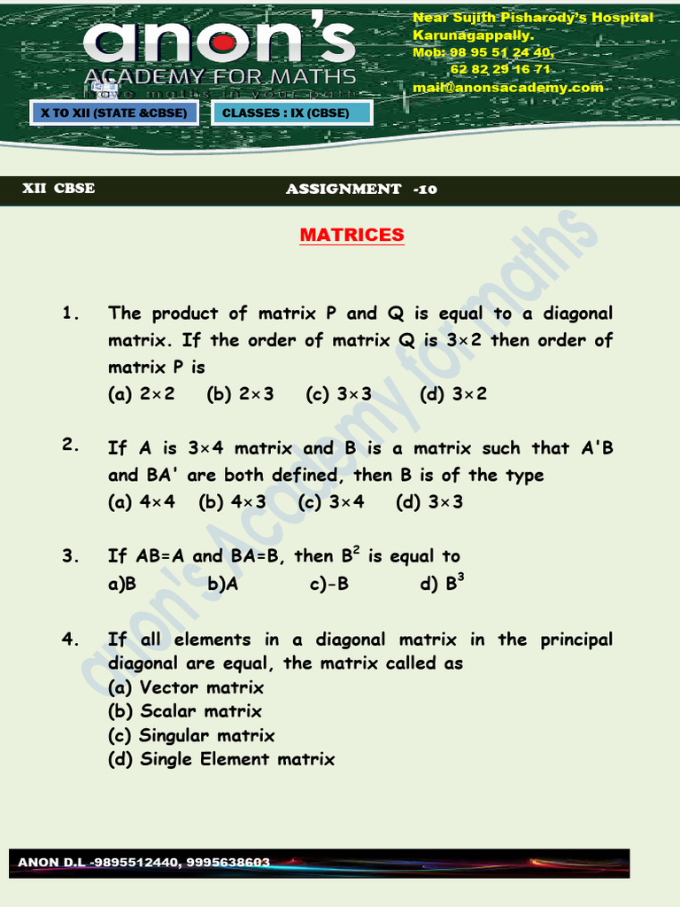 CBSE Matrices Exam Questions and Answers | PDF | Matrix (Mathematics ...