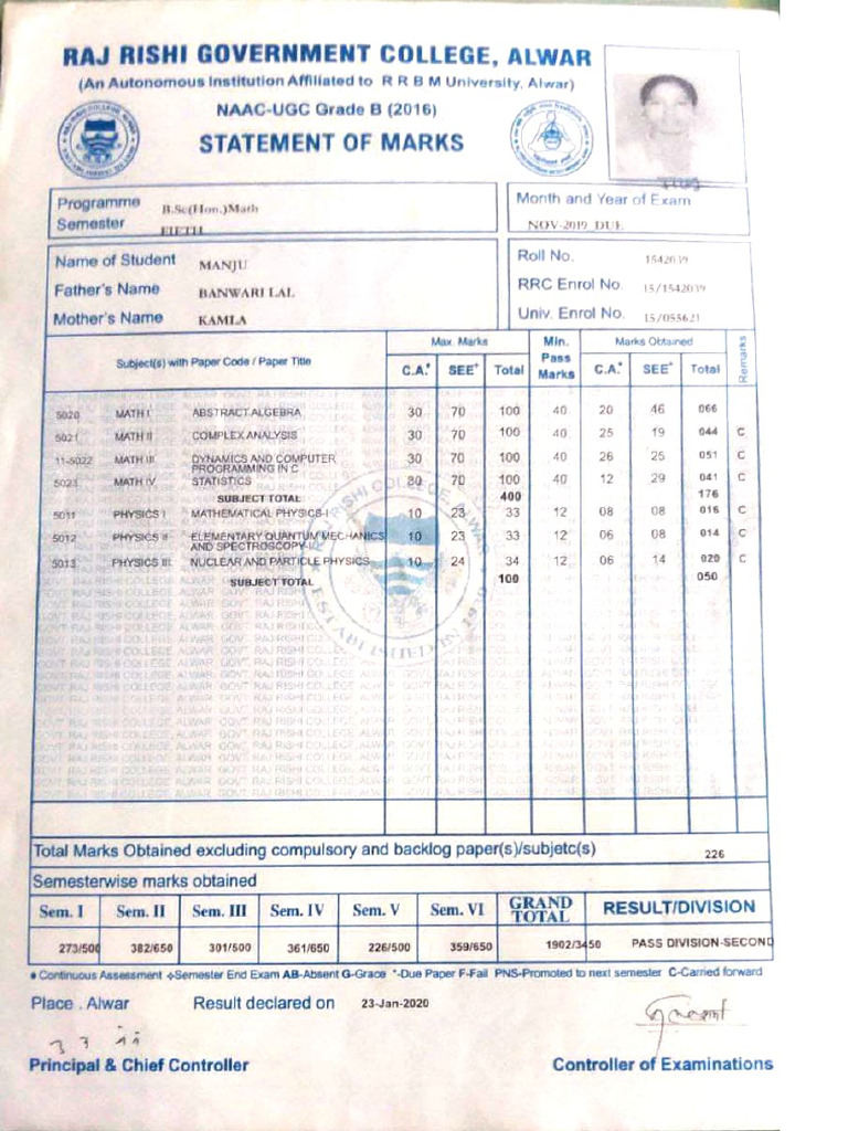 B.Sc. Marks Statement - Raj Rishi College | PDF | Physics