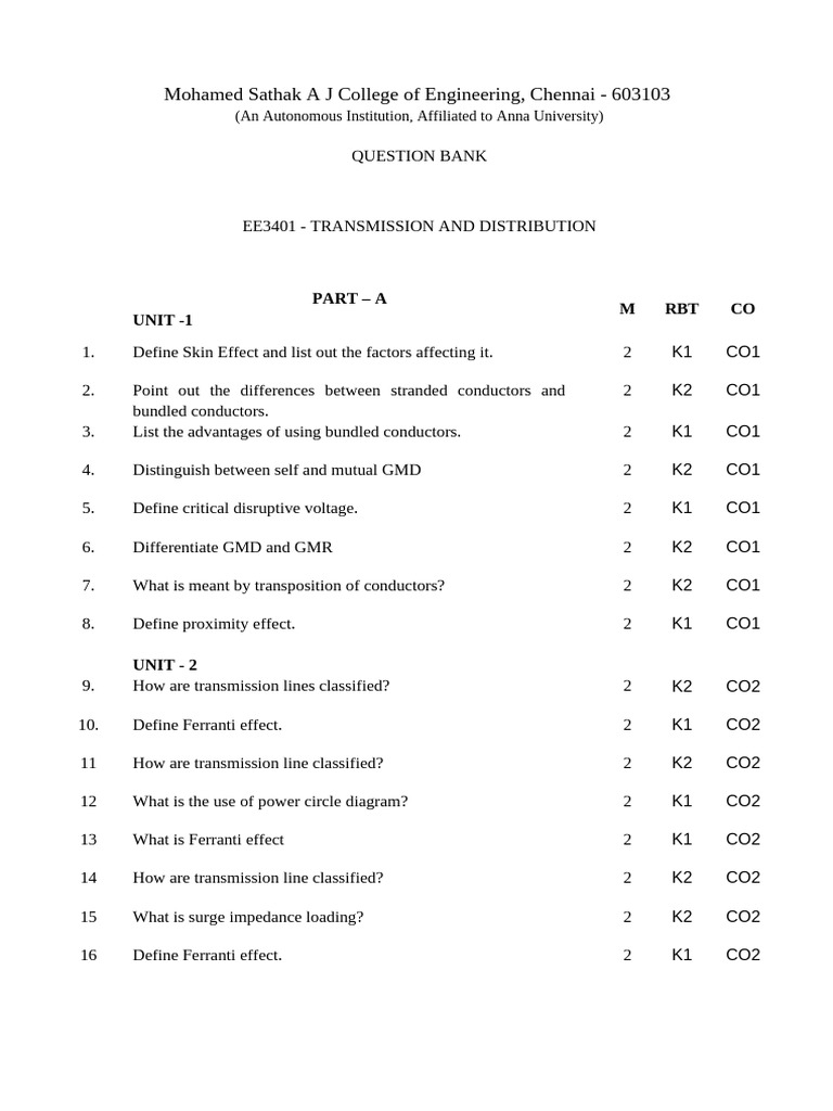 Ee3401 - Transmission and Distribution (2) | PDF | Electric Power ...