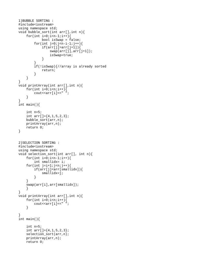 Sorting Algorithms in C++: Bubble, Selection, Insertion | PDF