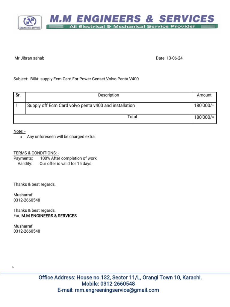 Invoice for Volvo Penta V400 ECM Card | PDF