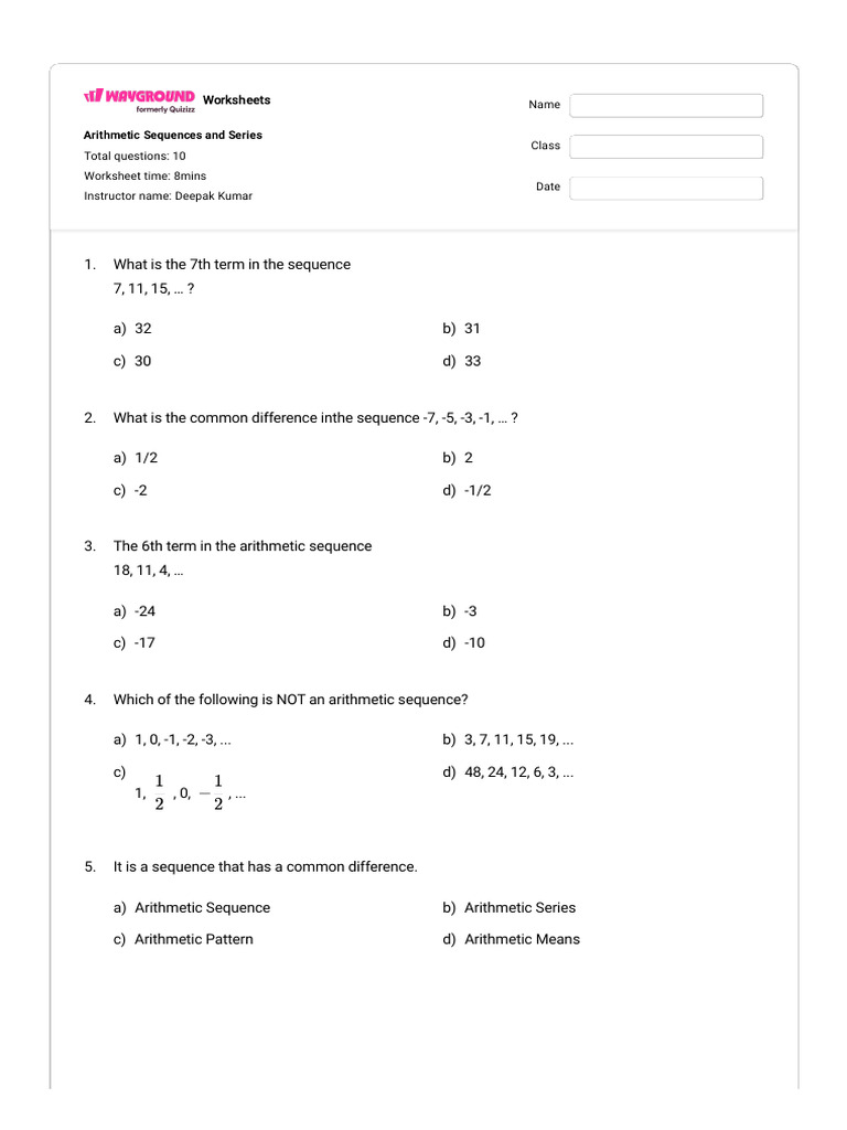 Arithmetic Sequences Worksheet with Answers | PDF | Chess | Chess Theory