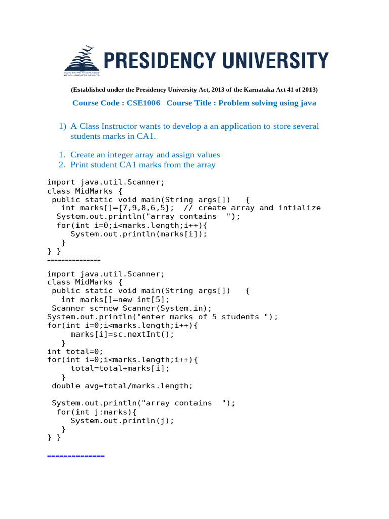 Java Problem Solving with Arrays | PDF | Integer (Computer Science ...