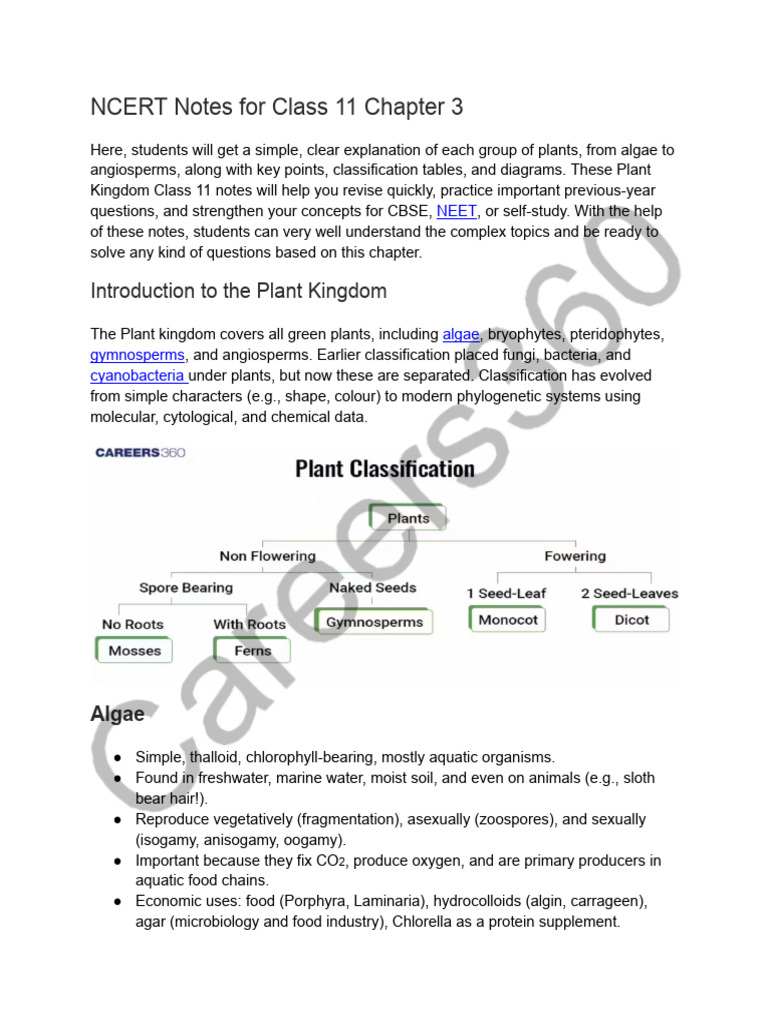 Class 11 Plant Kingdom NCERT Notes | PDF | Sexual Reproduction | Plants