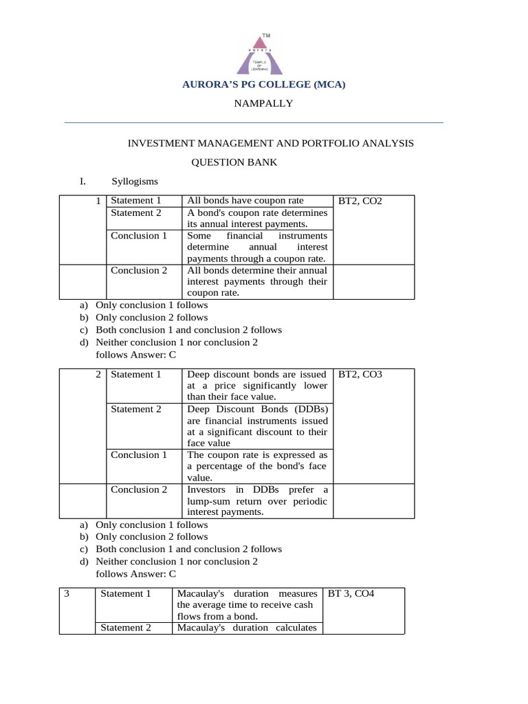 Investment Management & Portfolio Analysis q.b III Internals | PDF ...