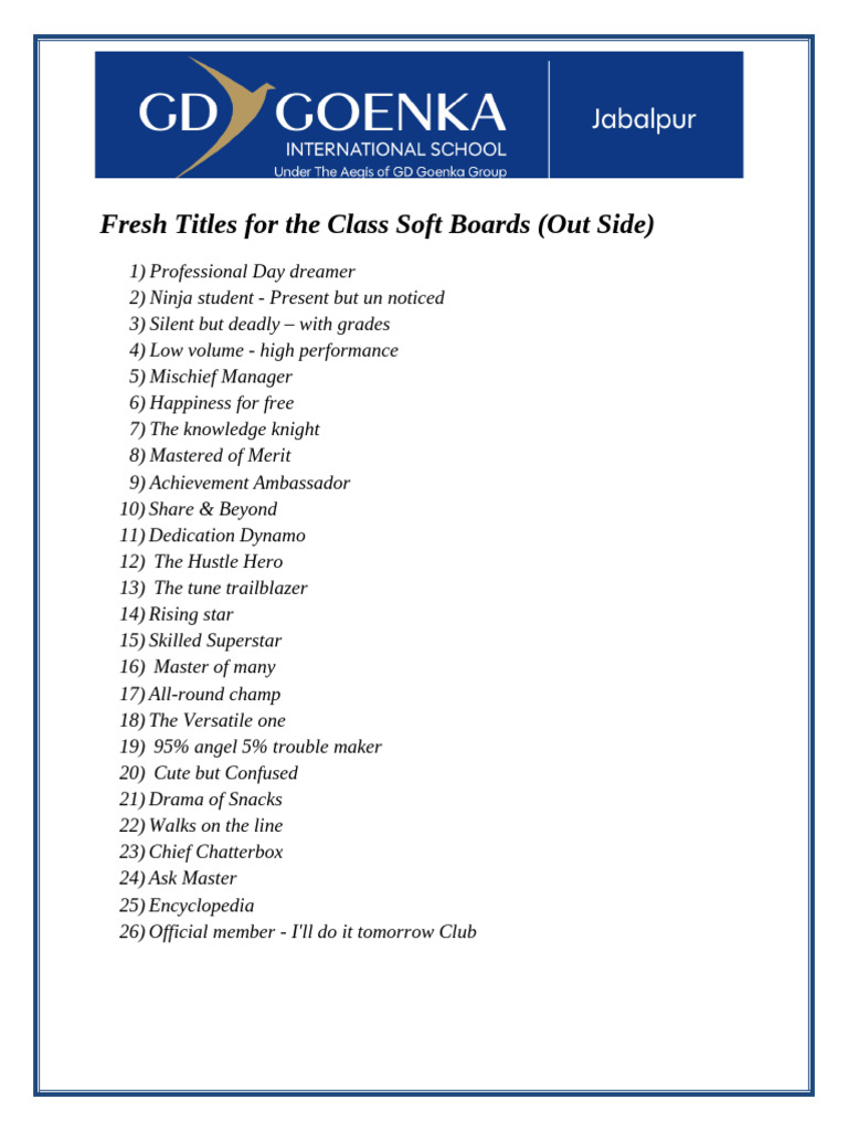 Fresh Titles for the Class Soft Boards | PDF