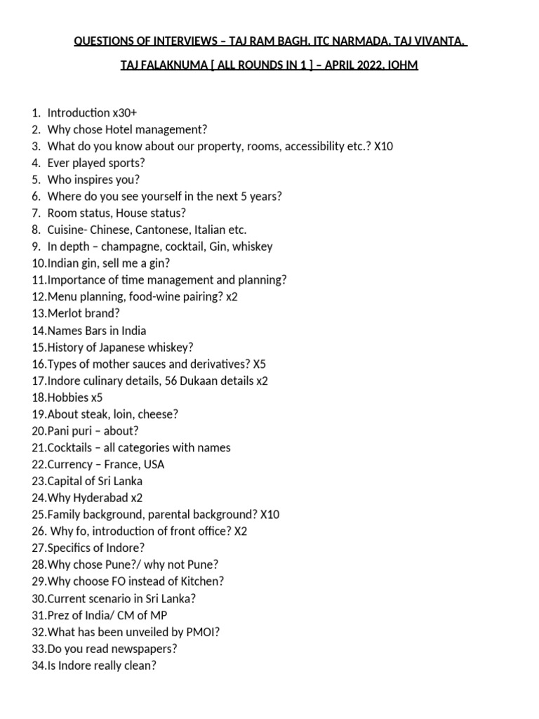 Interview Questions 2022 For BBA (HM), BHM 2019-22,23 | PDF