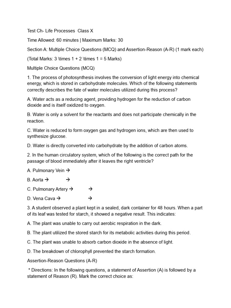 Class X Life Processes Test Guide | PDF | Atrium (Heart) | Redox