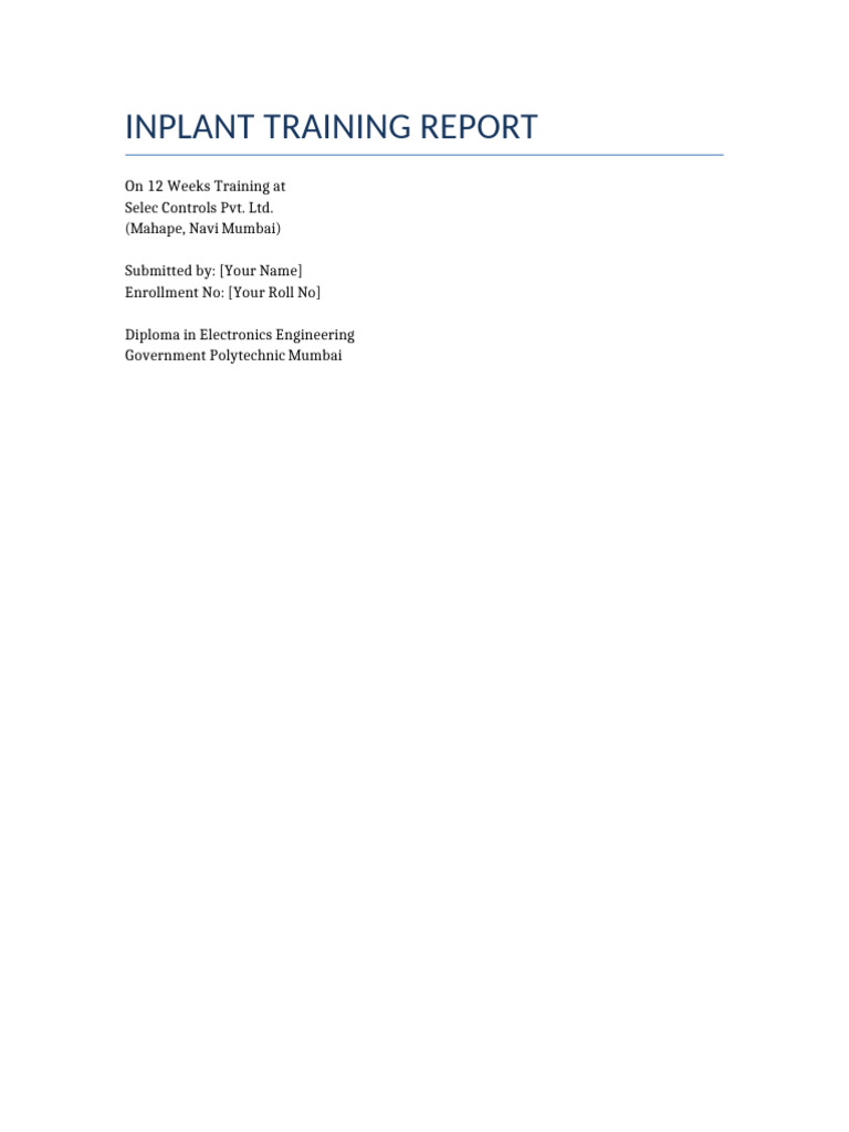 12-Week Inplant Training Report at Selec | PDF