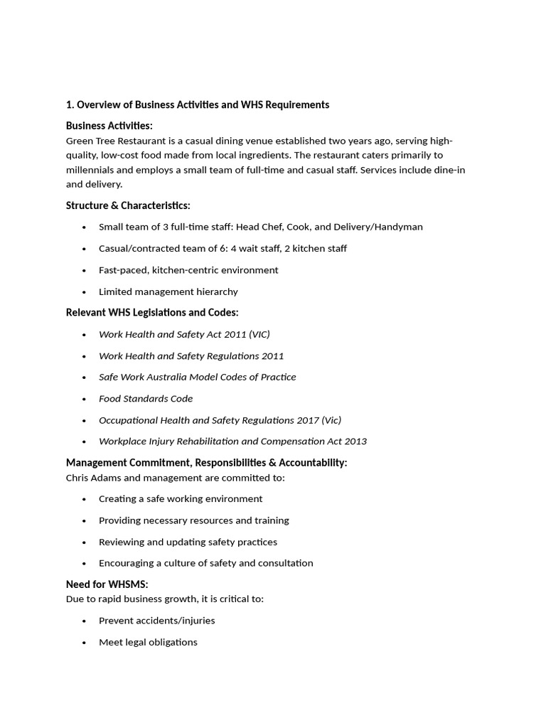 WHS Compliance Plan for Green Tree Restaurant | PDF | Occupational ...
