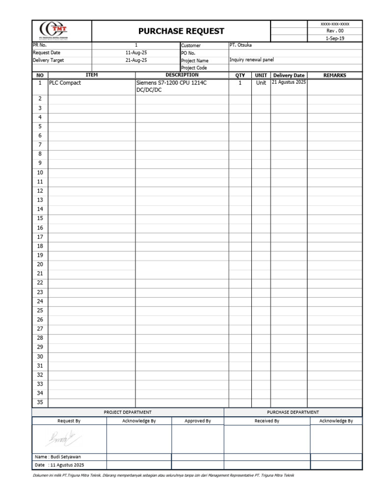 Inquiry Renewal Panel Purchase Request | PDF