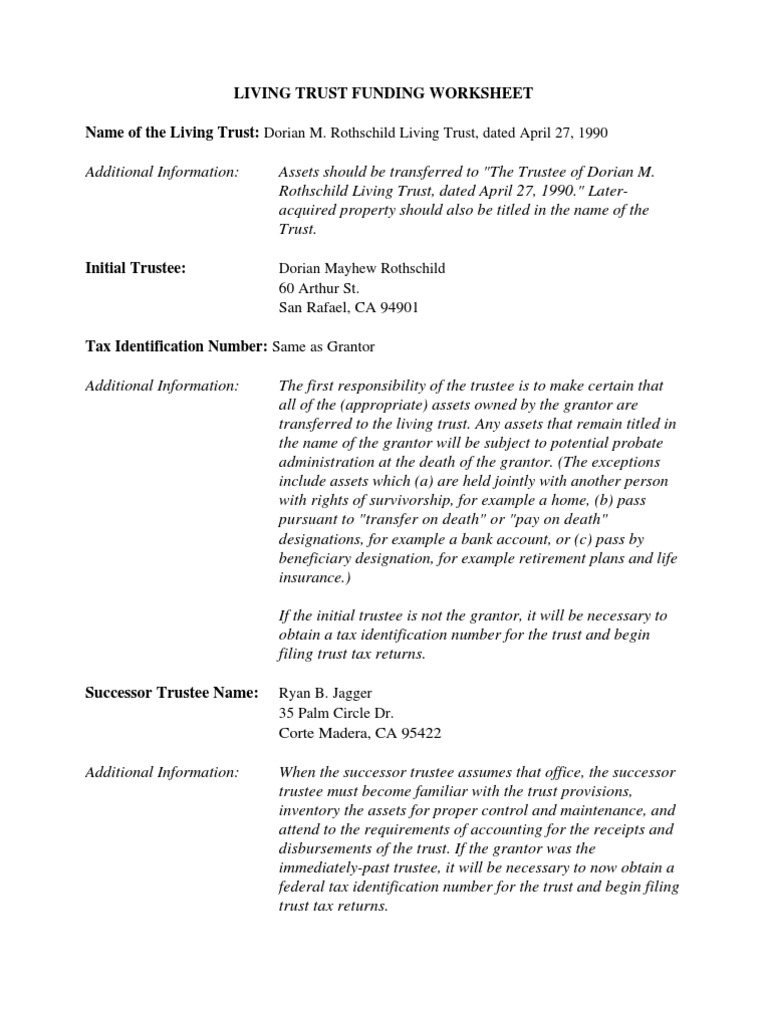 Individual Living Trust Funding Worksheet | Trust Law | Dividend